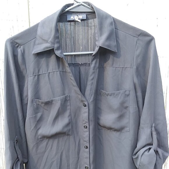 A. Byer Sheer Black Button Down V-Neck Blouse Top Shirt with Pockets- S - Picture 1 of 11
